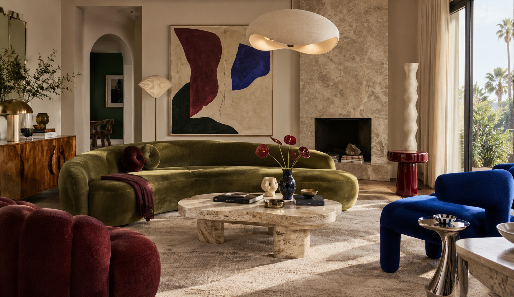 Expressive living room with sculptural furniture, olive upholstery and bold artwork